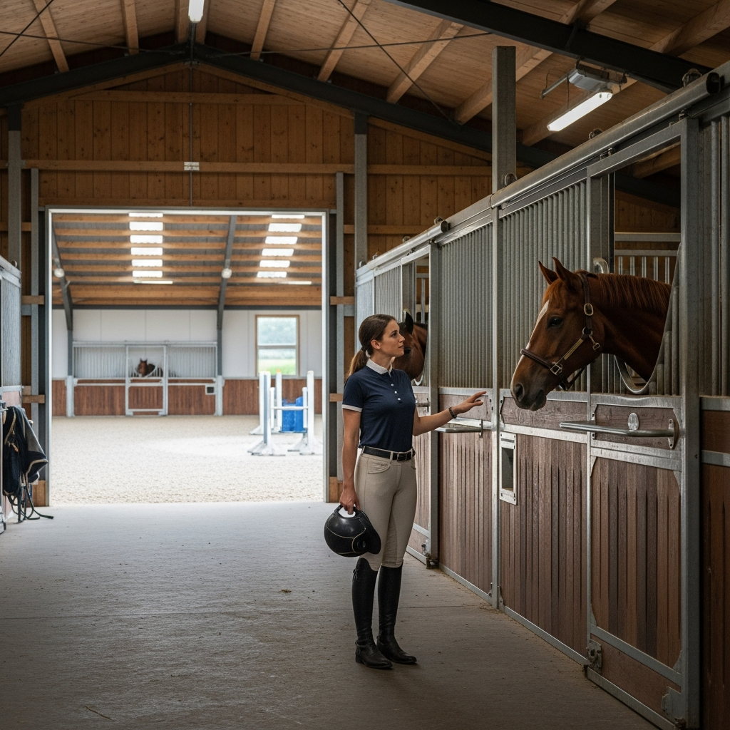 Prospective buyer in riding boots walking through Charlotte horse farms for sale facilities